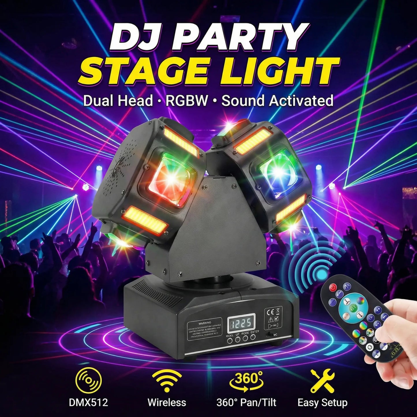 120W Dual Head Moving Head DJ Light – RGBW Beam, Strobe & Laser 3-in-1 Party Stage Lighting