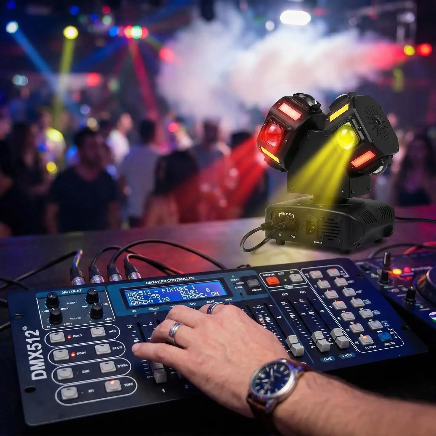 120W Dual Head Moving Head DJ Light – RGBW Beam, Strobe & Laser 3-in-1 Party Stage Lighting