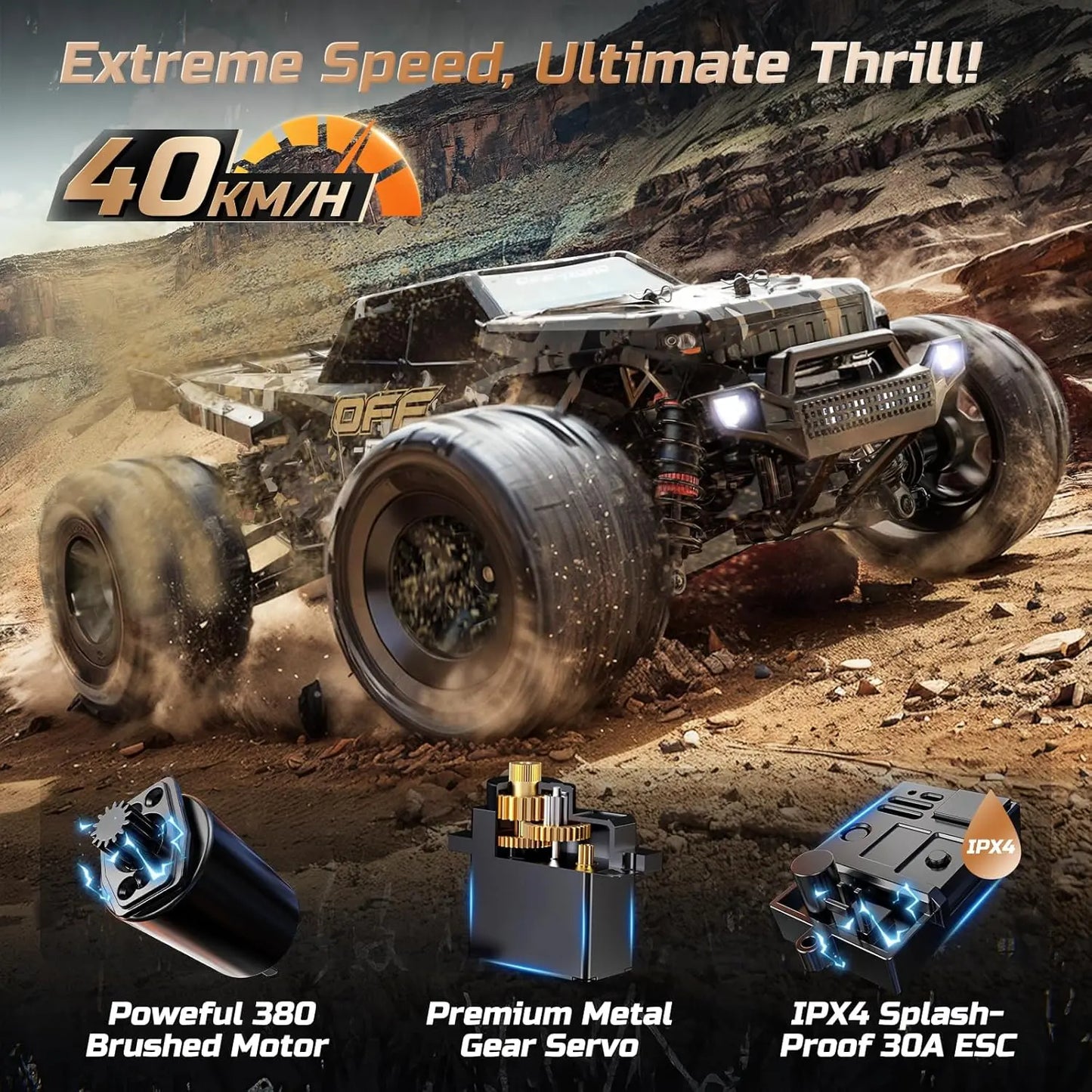DEERC 9309E 4WD RC Monster Truck – 40KM/H High-Speed Off-Road Car with 2 Batteries & Waterproof Design