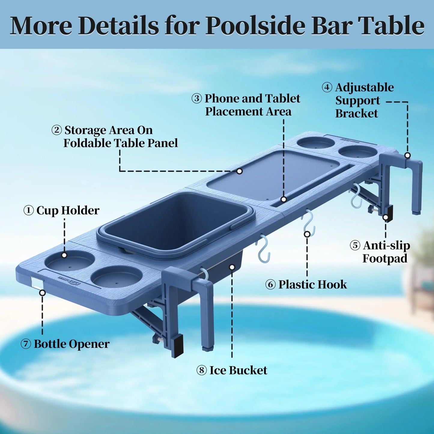 Poolside Bar with Ice Bucket – Foldable Pool Bar Table for Above-Ground Pools