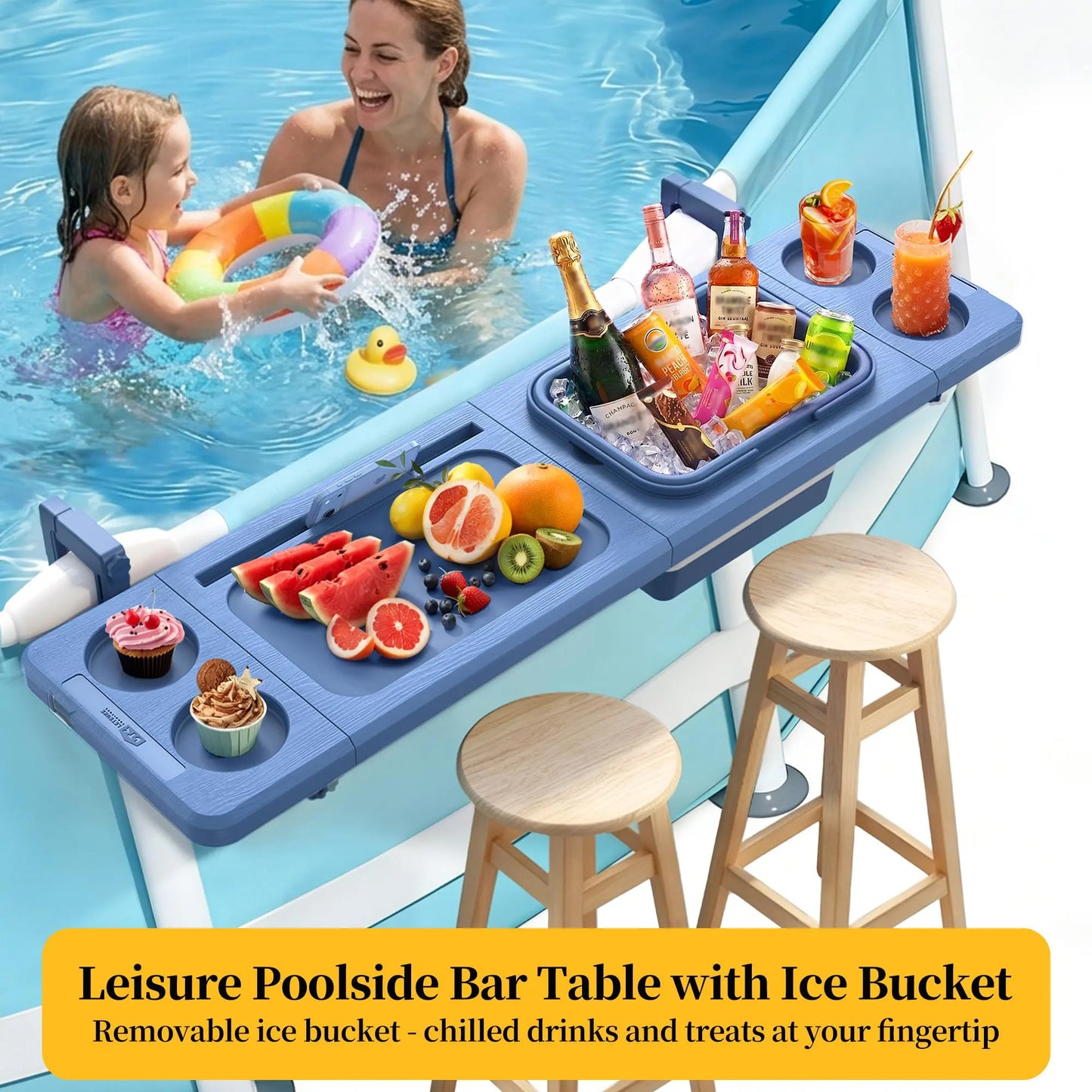 Poolside Bar with Ice Bucket – Foldable Pool Bar Table for Above-Ground Pools